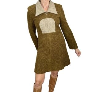 Vintage 60s Mod green boucle brown tweed zip front long sleeve mini dress XS